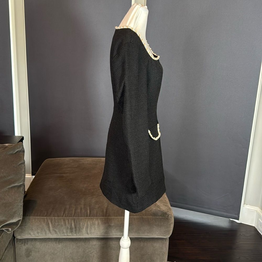 Women’s Short Black Dress Square Neck Faux Pearl-Like Trim **Tag L fits like M - Picture 4 of 16